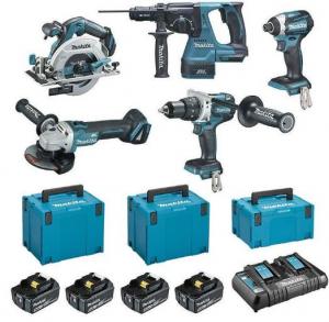 Pack de 5 machines 18V Li-Ion 5 Ah Pro + batteries + chargeur double + MAKPAC DLX5090PTJ MAKITA