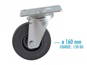 Roulette pivotante à platine roue caoutchouc noire ø160 charge 150kg